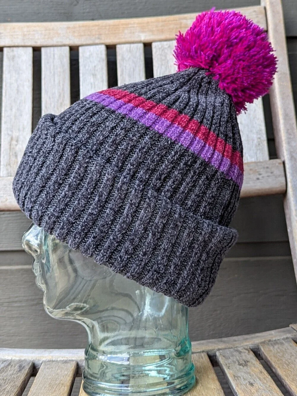 NWT Natural Life 2-in-1 Scarf Beanie Charcoal Gray Magenta Violet Chenille Knit